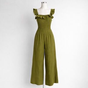Japna Olive Green Smocked Ruffle Strap Jumpsuit